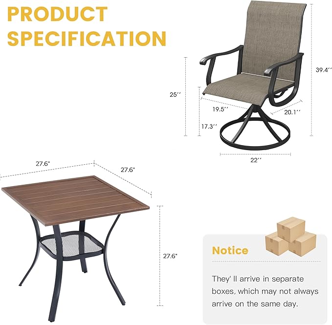VICLLAX 3 Pieces Patio Dining Set Includes 28" Square Small Outdoor Table and 2 Patio Swivel Chairs for Lawn Garden, Walnut Tabletop and Mixed Brown Fabric
