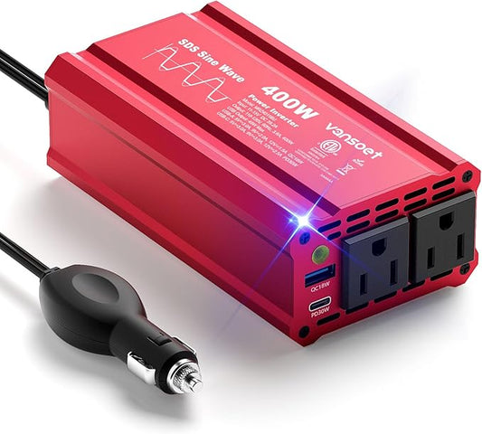 400W Peak Clipped Sine Wave Car Power Inverter DC 12V to AC(2 Outlets) 110V Car Charger Plug Adapter Power Converter with PD3.0 & QC18W Dual USB Charging Ports