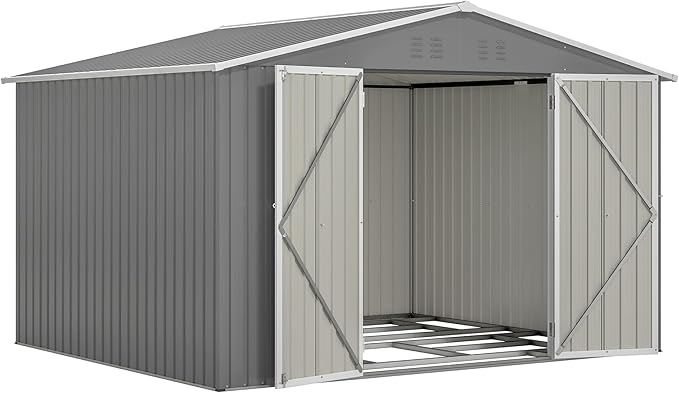 10X8 FT Outdoor Tool Storage Shed with Metal Foundation & Lockable Doors, All Weather Metal Sheds for Garden, Patio, Backyard, Lawn, Gray