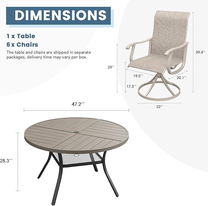 DIFY 7 Pieces Outdoor Patio Dining Set, 6 Sandshell Textilene Swivel Dining Chairs and 47.2" Grey Wood-Like Round Metal Dining Table, Outdoor Table and Chairs