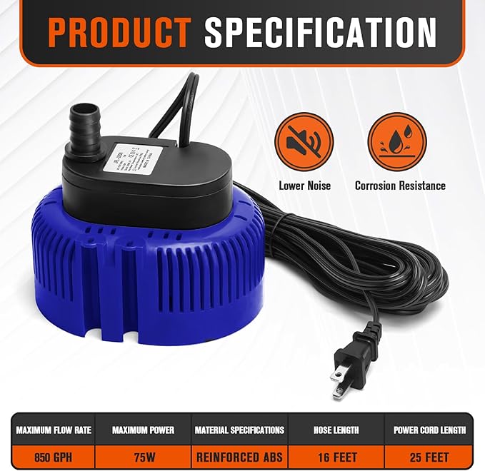 Sump Pump,Pool Cover Pump above Ground,submersible water pump Swimming Water Removal Pumps,for Swimming Pool Basement Garden Pond Tubs Draining,75W,Max Flow:850GPH,3 Adapters,25 Ft Power Cord (Blue)