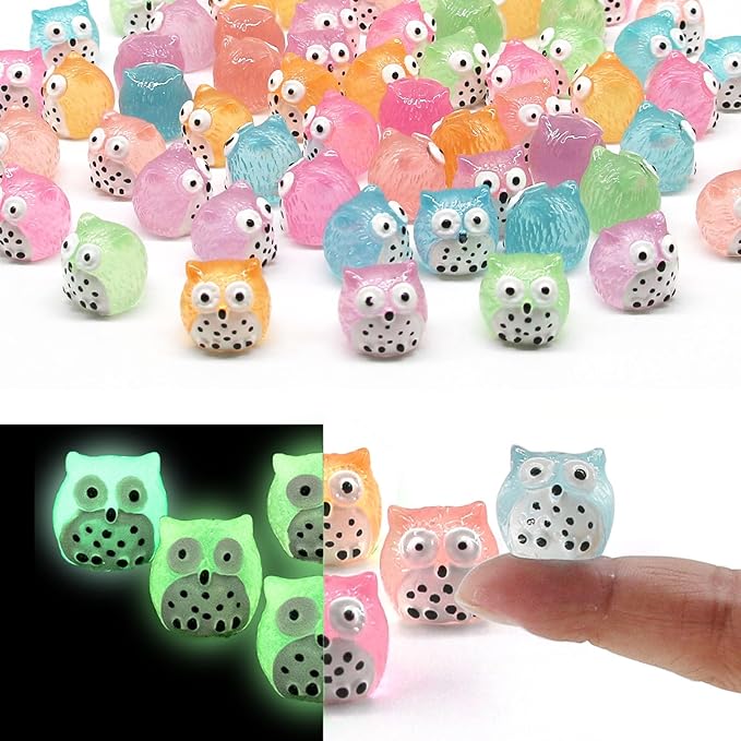 40 Pcs Luminous Mini Resin Owls, Glow in The Dark for Fairy Garden, Garden Miniatures, Plant Décor and Car Accessories