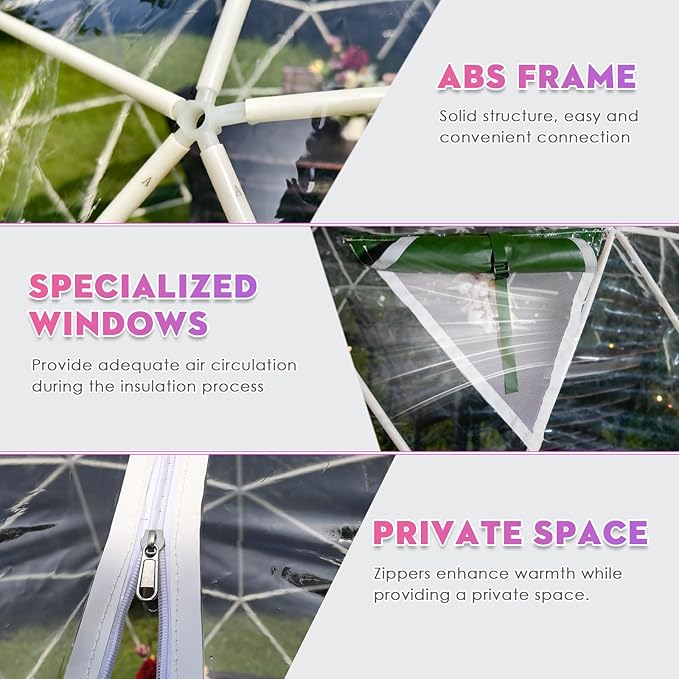 12FT Garden Dome Tent, Geodesic Dome Greenhouse with PVC Clear Cover, Waterproof Garden Bubble Dome Tent House with 2 x 10M Light Strings for Outdoor, Patio, Backyard, Party (Green Edge, 10FT/3M)