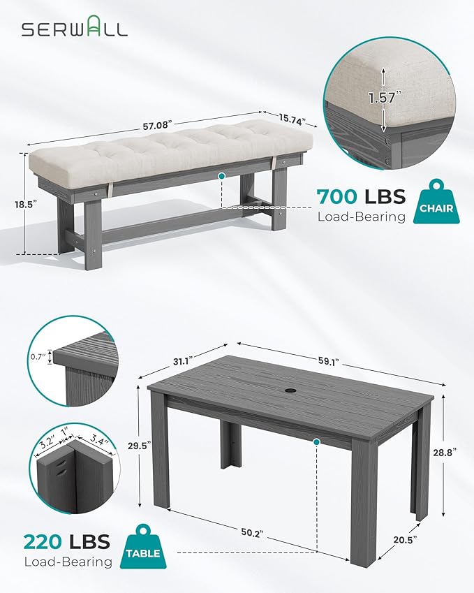 SERWALL Patio Dining Set for 4, Outdoor Dining Sets for 4 Person with 1 Umbrella Hole Cut-Out Rectangular Table and 2 Benches, HDPE Dining Sets for Garden, Backyard, Poolside, Gray