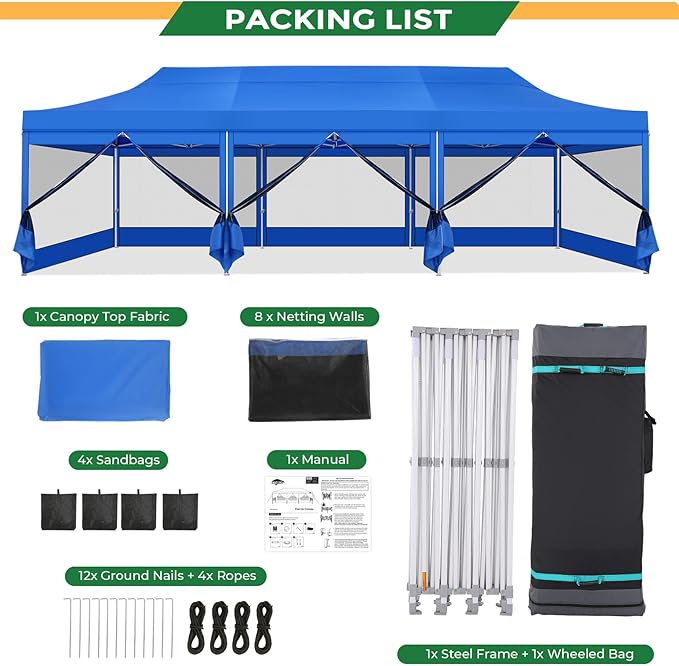COBIZI 10x30 Heavy Duty Pop Up Canopy with 8 Mosquito Netting Wall, Easy Set Up Commercial Gazebo Party Tent, Outdoor Instant Screen Canopy for Backyard, Patio, Garden, Dark Blue
