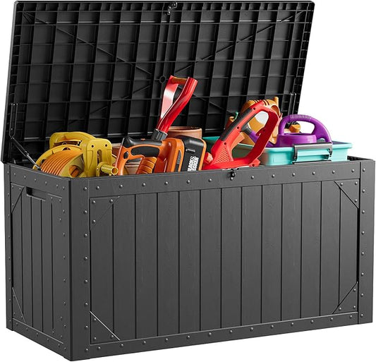 100 Gallon Outdoor Storage Box Waterproof Lockable Resin Deck Box Large, Patio Storage Bin for Pool Accessories Cushion Furniture, Garden Tools, UV-Resistant Outside Delivery Black
