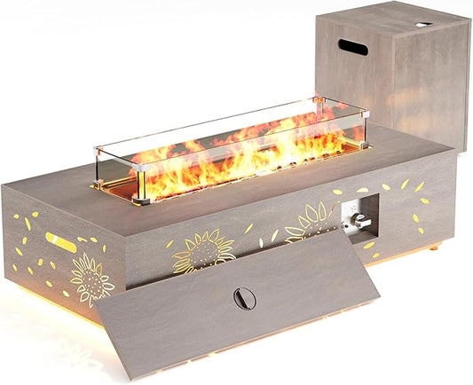 42" Outdoor Fire Pit Table, 50,000 BTU Gas Fire Pit with Glass Wind Guard, Fire Stones, Waterproof Cover, Propane Fire Pit Table for Outside Patio, Hollow-Out (Sunflower, Brown)