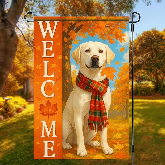 Thanksgiving Fall Garden Flag 12x18 Inch Welcome Labrador Retriever Dog Outdoor Flag Double Sided Autumn Yard Banner with Plaid Scarf and Leaves Decor for Porch L