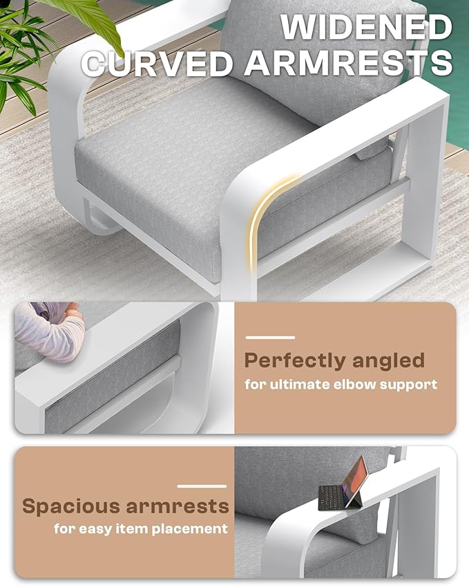 Aluminum Outdoor Patio Furniture Set 4 Piece, Oversized Patio Conversation Sets Widened Armrest & Ultra-Thick Cushions, Deep Seating Modern Sectional Furniture for Backyard, Porch, White