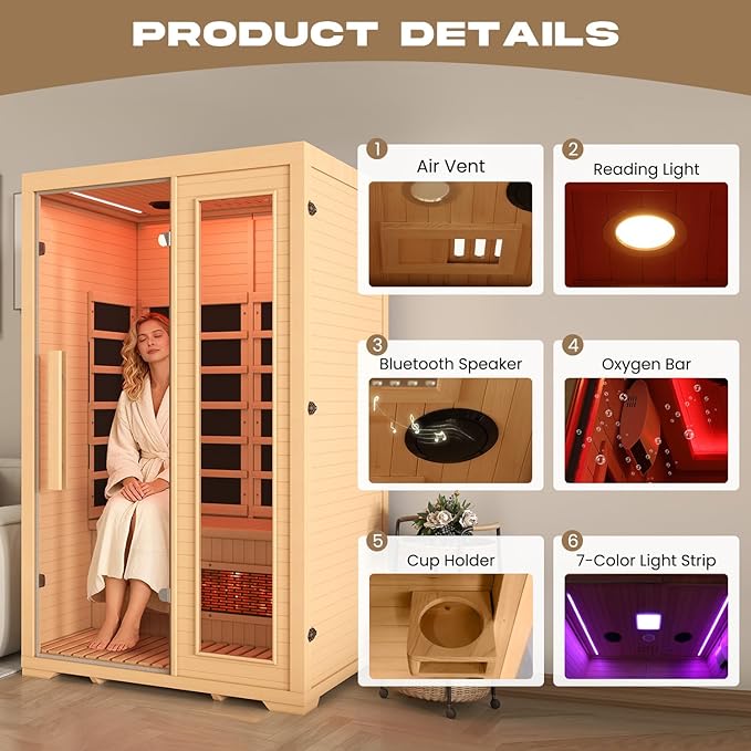 2 Person Infrared Sauna, Full Spectrum Sauna for Home, Indoor Dry Saunas with 5 Carbon Panels and 1 Carbon Tube, Oxygen Bar and 7 Color Light Strips, Canadian Hemlock,110V