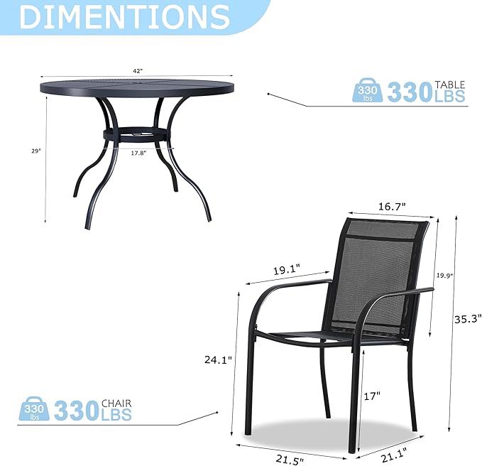 5 Pieces Round Dining Table Set for 4, Patio Dining Set Includes 4 Black Stackable Patio Chairs and 1 Black Mesh Round Table, Patio Furniture Sets with Sling Support for Outside, Garden