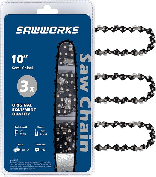 3-Pack 10 Inch Chainsaw Chain, 3/8" LP Pitch .043" Gauge 40 Drive Links for Milwaukee Pole Saw M18 FUEL, 49-16-2723, Worx WG323, WG323.9, Ryobi P546, Black and Decker LCS1020, Oregon R40 and More