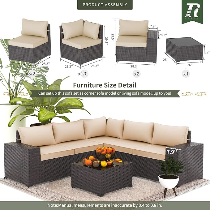 Outdoor Patio Furniture Set, 6 Pieces Outdoor Furniture All Weather Patio Sectional Sofa PE Wicker Modular Conversation Sets with Coffee Table,5 Chairs & Seat Clips Brown