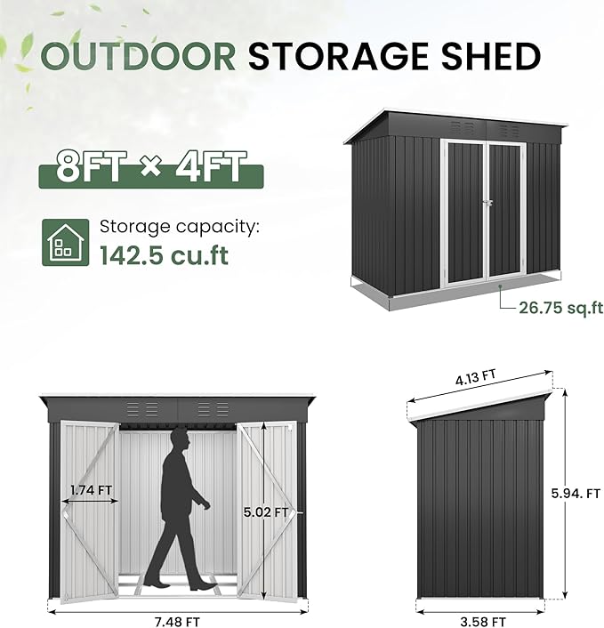 Amopatio 8x4 Storage Shed, Metal Sheds & Outdoor Storage for Bike, Garden Tools, with Lockable Door