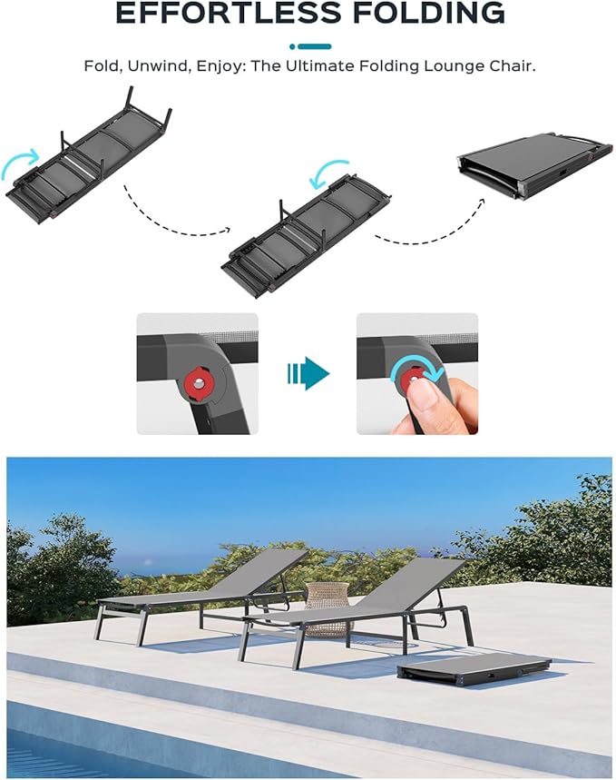 Patio Chaise Lounge Chair, Foldable Lounge Chair for Outside, Aluminum Chairs Set of 2 with 5 Adjustable Backrest, Outdoor Pool Lounger for Poolside, Lawn, Deck, Grey
