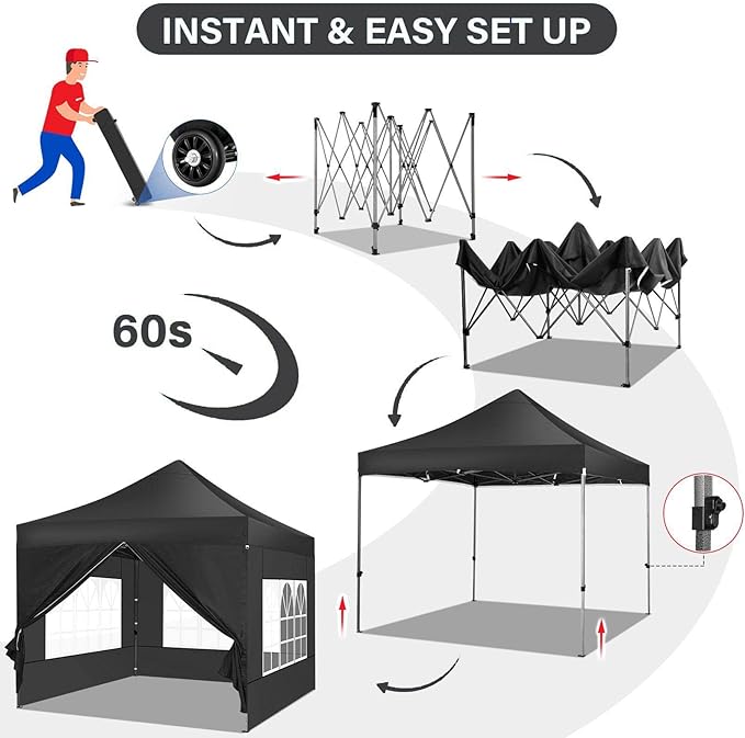 COBIZI 10x10 Pop Up Canopy with 4 Sidewall,Heavy Duty Canopy UPF 50+ All Season Wind Waterproof Commercial Outdoor Wedding Party Tents for Parties Canopy Gazebo with Roller Bag (10 x 10 ft Black)
