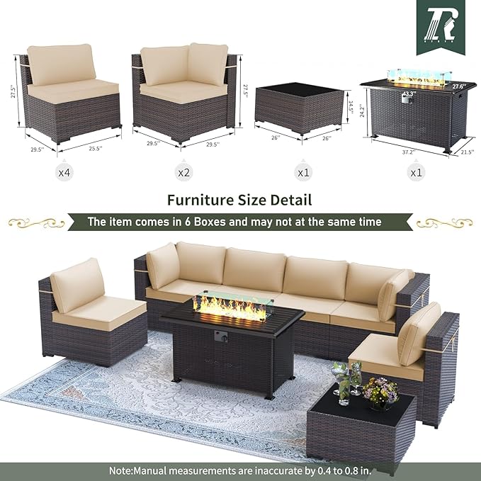 Outdoor Patio Furniture Set with Propane Fire Pit Table, 8 Pieces Outdoor Furniture Patio Sectional Sofa Conversation Set w/ETL Approved 43" Gas Outdoor Fire Table & Coffee Table Brown