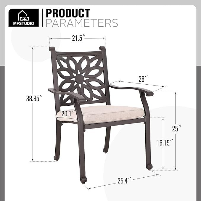 MFSTUDIO Cast Aluminum Patio Dining Set of 2, Retro Design Outdoor Table and Chairs Set with 2×Fixed Chairs and 1×Square Outdoor Table, 3 Piece Patio Set for Backyard Garden
