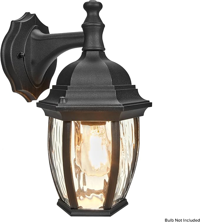 Maxxima Outdoor Wall Light with Clear Water Glass, Patio or Porch Sconce Fixture, Ideal for Exterior Decor Lighting, Black, E26 Socket, Bulb Not Included
