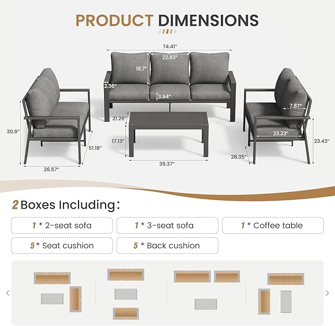 Aluminum Patio Furniture Set with Cushions 3-Piece Outdoor Sectional Metal Conversation Sofa Set with Coffee Table for Garden,Lawn,Backyard,Deck