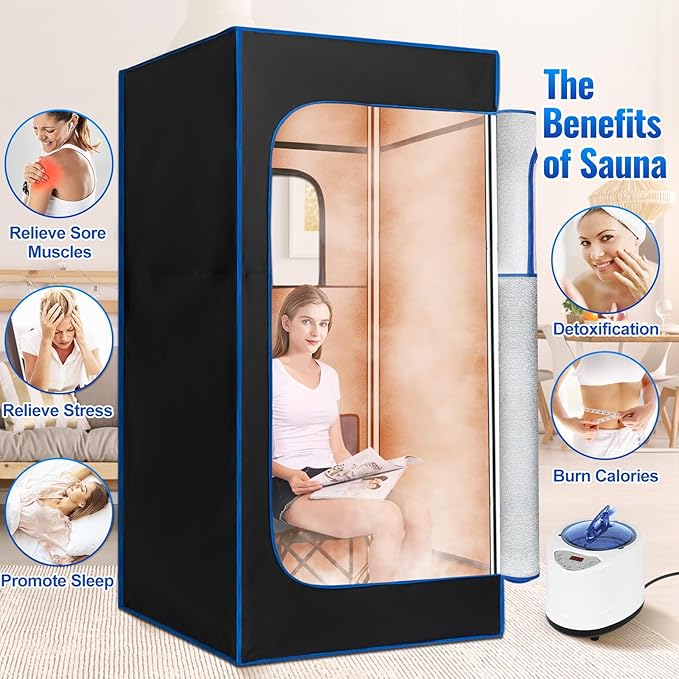 Upgraded Portable Sauna Box for Relaxation, Steam Sauna Tent for Home with Steamer, Remote Control, Folding Chair, 9 Levels, 2.6’ x 2.6’ x 5.9’