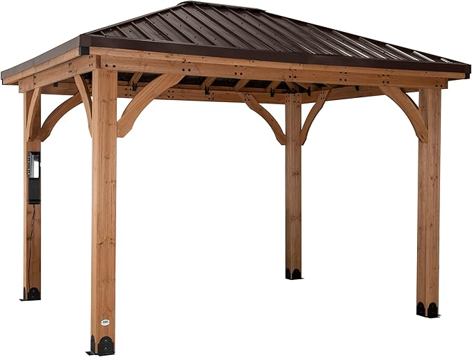 Backyard Discovery Barrington 12' x 10' Cedar Wood Outdoor Gazebo Pavilion with Hardtop Galvanized Steel Hip Roof, Snow Support, Wind Resistance, PowerPort, Shade for Garden, Patio, Deck, Entertaining