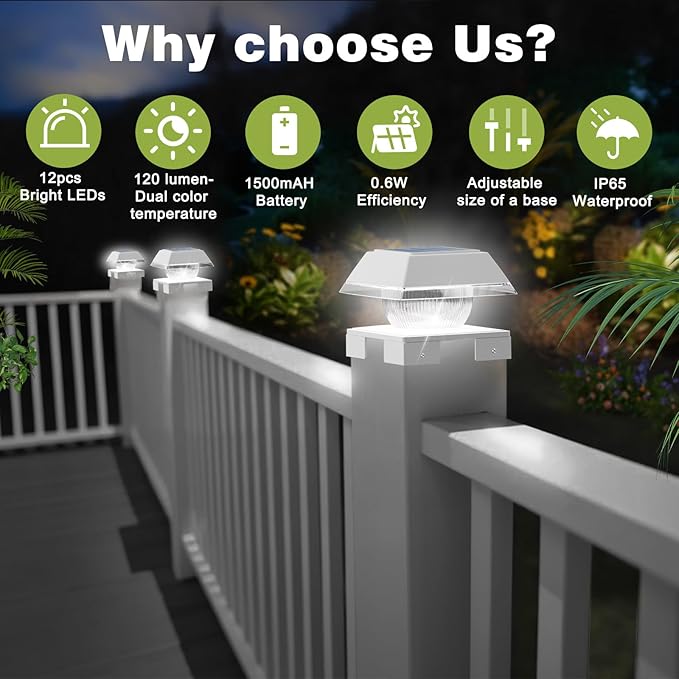 INDARUN Post Lights Solar Powered, Fence Deck Post Solar Lights Fit 4x4 5x5 6x6 Wood Posts/Vinyl 4x4 Post Caps, Outdoor Post Lights with 2 Colors Modes, 120Lumen, for Patio/Porch/Backyard Decor