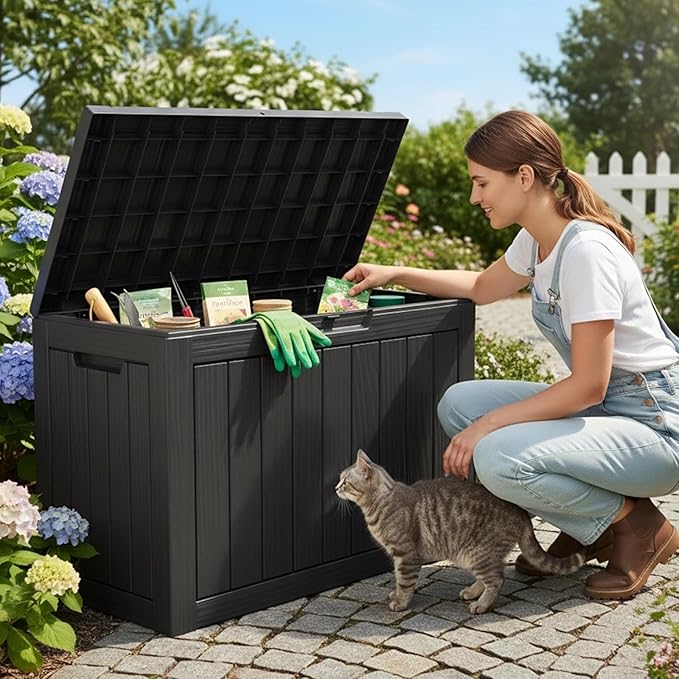 45 Gallon Deck Box, Small Outdoor Storage Box Waterproof, UV-Resistant and Weatherproof Outside Resin Storage Bin for Outdoor Patio Furniture Pillows, Pool Supplies, Garden Tools, Black