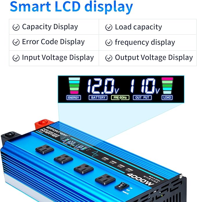 4000w Pure sine Wave Inverter DC 12V to AC 110V/120V Converter, 8000w (Peak) with LCD Display, Wireless/Wired Remote Control, 4AC outlets and 4USB.Ideal for Camping, RV Travel, Off-Grid Solar Systems
