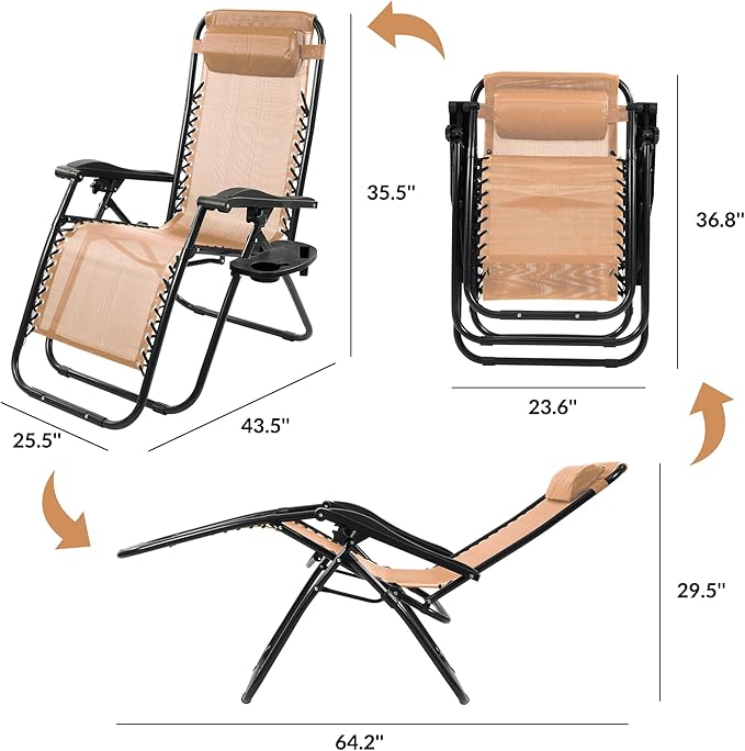 Elevon Zero Gravity Chair with Cup Holder & Removable Pillow, Adjustable Reclining Outdoor Patio Folding Chairs for Adults Portable Lounge Chair Furniture for Poolside, Lawn, Beach, Camping, Beige