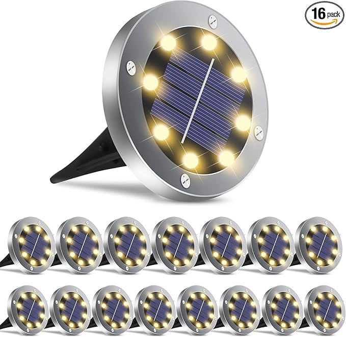 Solar Ground Lights 16Pack, Garden Solar Outdoor Waterproof Pathway Bright In-Ground Lights Outdoor Lighting Decor for Lawn, Patio, Yard, Driveway,Walkway Warm Light