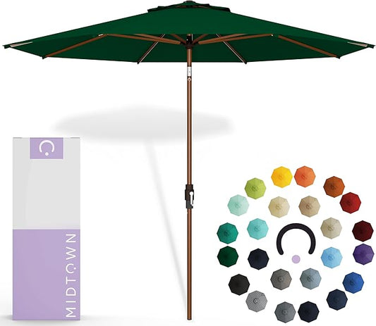 Midtown Umbrellas Sunbrella Umbrella Outdoor Patio Umbrella 2-8 Feet in Forrest Green Acrylic Fabric - Auto-Tilt Aluminum Frame For Backyard Umbrella, Deck Umbrella & Porch Umbrella - Wooden Pole