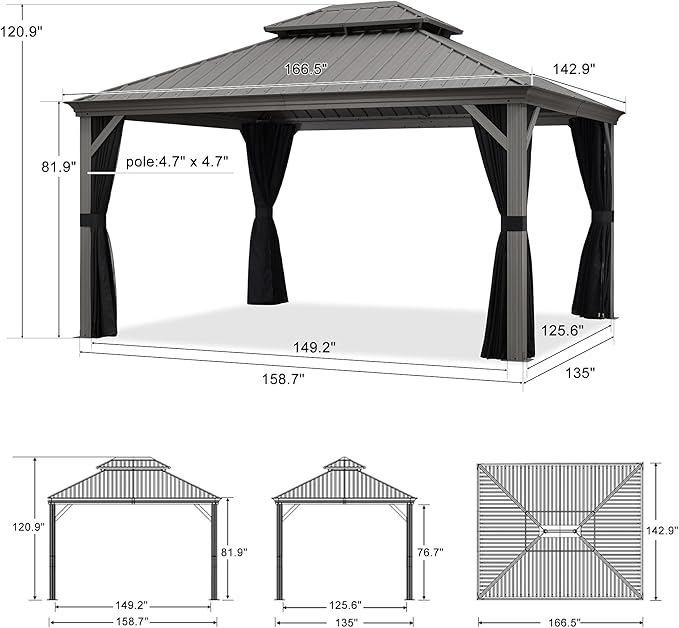 PURPLE LEAF 12' X 14' Patio Hardtop Gazebo Aluminum Outdoor Gazebo with Double Galvanized Steel Roof for Deck Backyard All Weather Outdoor Pavilion Curtain and Netting Included, Light Grey