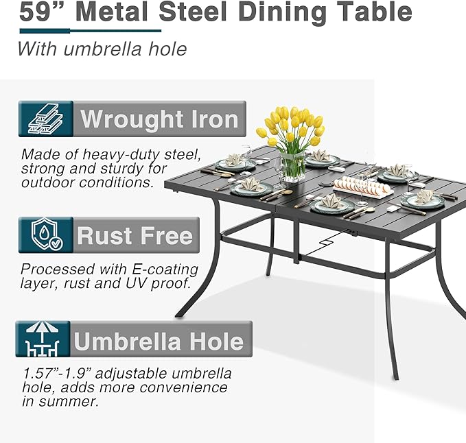 PHI VILLA 7 Piece Patio Dining Table Set with Cushion, Large Rectangular Metal Dining Table with Umbrella Hole & 6 Cushioned Iron Chairs for Outdoor, Deck, Yard