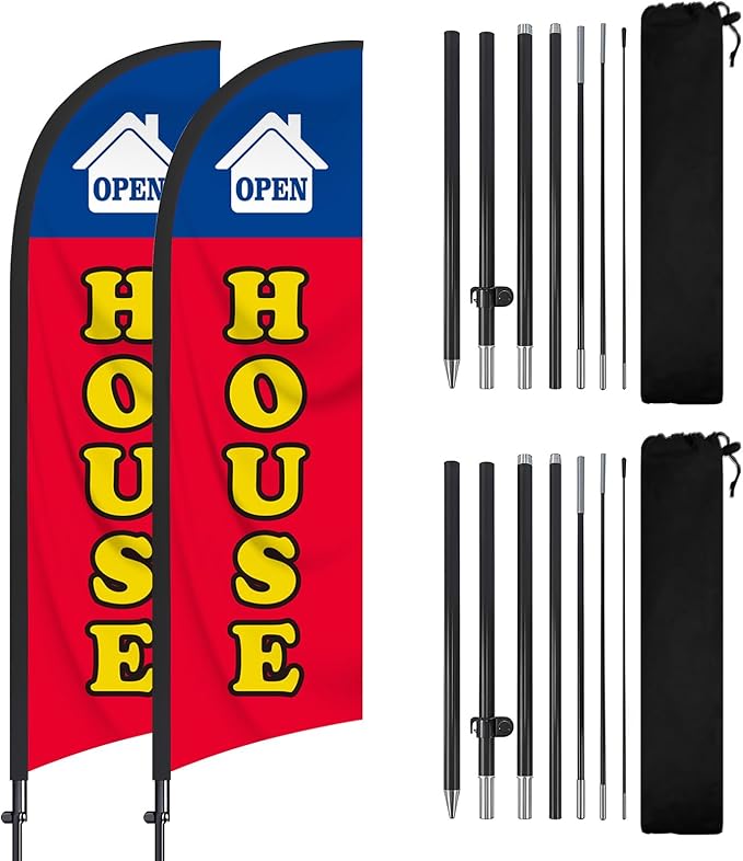 2 Packs Open House Flag for Real Estate 8 Ft Open Feather Flags Banner with Pole Kit and Ground Stake for Outside Outdoor