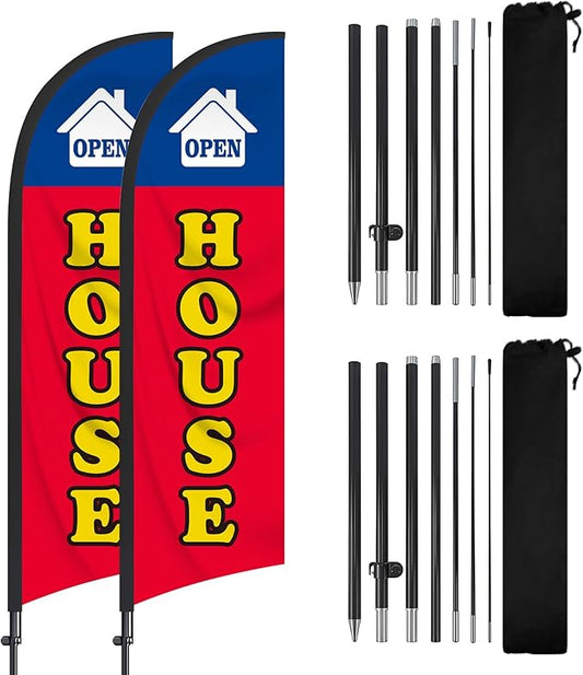 2 Packs Open House Flag for Real Estate 8 Ft Open Feather Flags Banner with Pole Kit and Ground Stake for Outside Outdoor