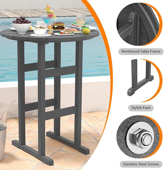 Sundale Outdoor Adirondack Round Bar Table, 39 Inch Height Patio Large Pub Table for 4, All Weather HDPE High Top Bistro Counter Tabl for Outside Deck Porch Balcony Poolside, Gray