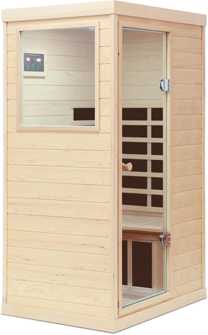 1 Person Far Infrared Indoor Sauna Hemlock Mini Single Person Sauna for Home with LCD Display & Bluetooth on The Left of The Indoor, Natural