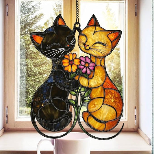 Couple Cats Flower Acrylic Suncatcher Stained Glass Effect Window Car Hanging Christmas Ornament Indoor Outdoor Decor Garden Sun Catcher Panel Gifts for Cat Lover for Women Mom Grandma