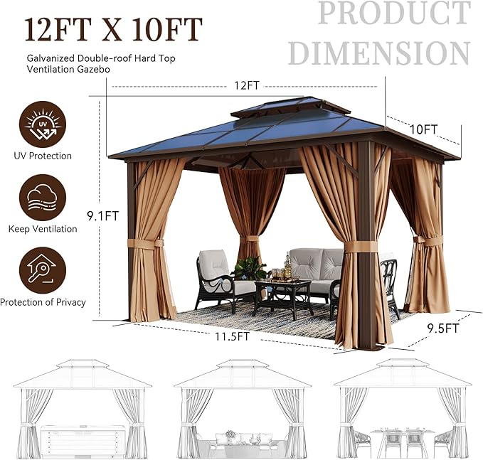 10'x12' Hardtop, Double Roof Gazebo, Aluminum Frame Permanent Pavilion with Netting and Curtains, Outdoor Polycarbonate Gazebo, for Patios, Gardens, Lawns