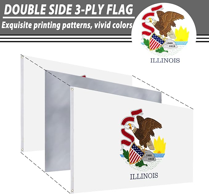 FLAGWIN Illinois Flag 3x5 FT - 3 Ply Double Sided Polyester Flags with Brass Grommets - Vivid Color and Fade Proof State of Illinois Flag 3x5 Outdoor