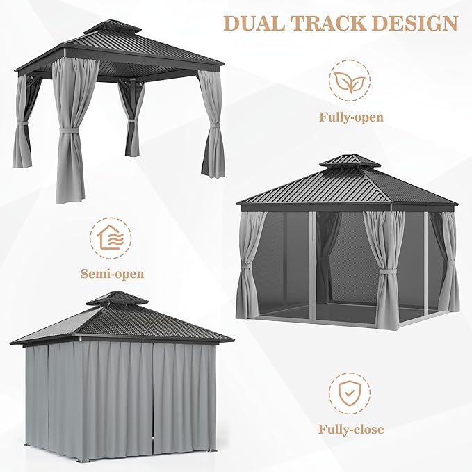 WKM 10x10 FT Hardtop Gazebo with Heavy Duty Galvanized Steel Double Roof, Aluminum Frame Permanent Pavilion with Curtains and Netting, Outside Canopy Gazebo for Patio, Deck and Backyard, Grey