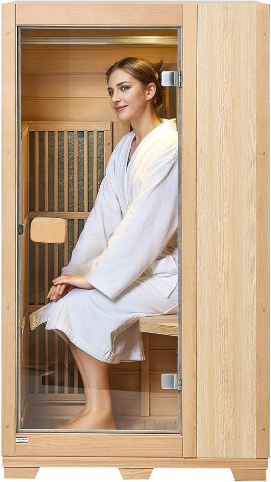 VEVOR Far Infrared Wooden Sauna, Room Home Sauna Spa for One Single Person, Low EMF Far Infrared Hemlock Wood Sauna with Tempered Glass Door & LED Reading Lamp & Bluetooth Speakers, 1140W Indoor Use