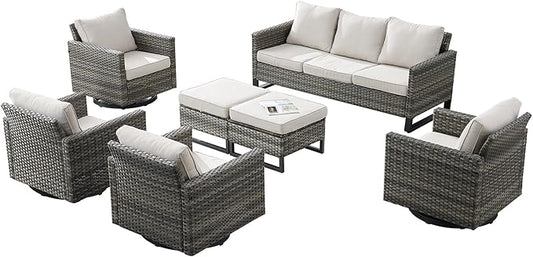 Rilyson Wicker Outdoor Patio Furniture Set - 7 Piece Patio Conversation Set with 4 Swivel Rocker Chairs,2 Rattan Ottoman and 1 Couch for Outside Porch Deck Backyard(Mixed Grey/Beige)
