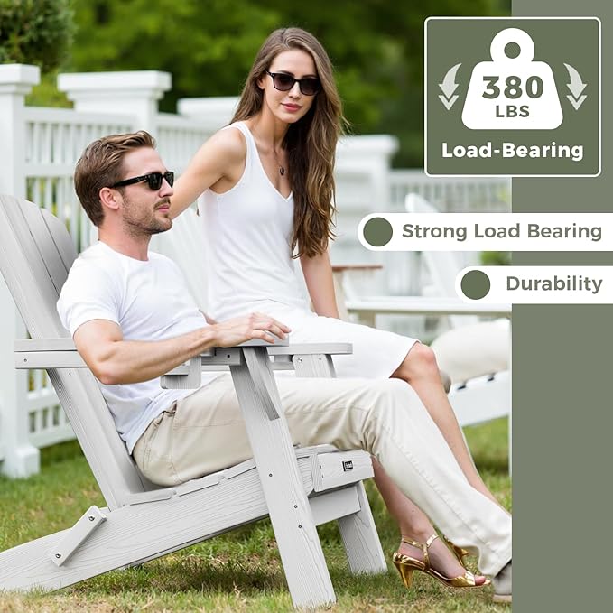 Folding Adirondack Chair Wood Texture 4 Pack, HDPE All-Weather Fire Pit Chairs, Plastic Adirondack Chairs with 2 Cup Holder, Outdoor Lawn Chair for Patio Garden (White)