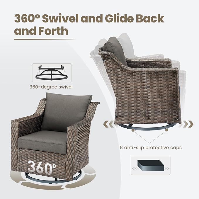 Outdoor Wicker Patio Furniture Set - 5 Piece Outside Rattan Conversation Bistro Dining Chair Sets with Rocking Swivel Chairs, Ottomans and Side Table for Porch Yard Balcony – Brown/Grey