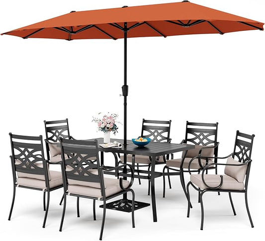 Sophia & William Patio Dining Set for 6, 13ft Patio Umbrella Red, Removable Seat Cushions, Black 59" Patio Dining Table