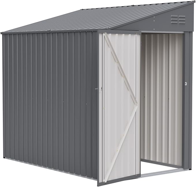 4x8 FT Outdoor Storage Shed,Lean to Lockable Metal Garden Shed Steel with Reinforced Beams,All Weather Waterproof Storage House W/Lockable Door,for Backyard,Patio,Lawn,Garden,Dark Gray