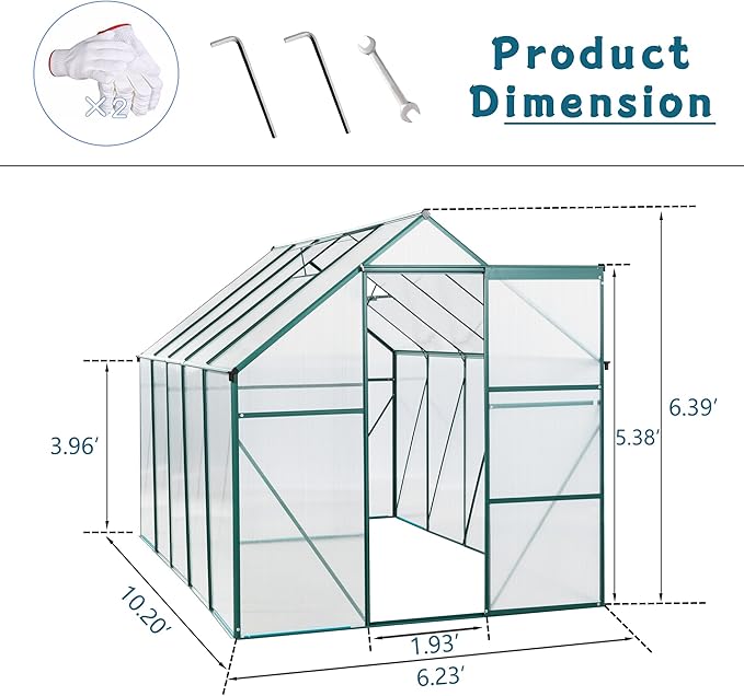 Favfurish 6X10 FT All Season Heavy Duty Walk-in Greenhouses, Outdoor Polycarbonate Plants Green House for Backyard Garden, Sliding Door Raised Base Anchor Aluminum, Green