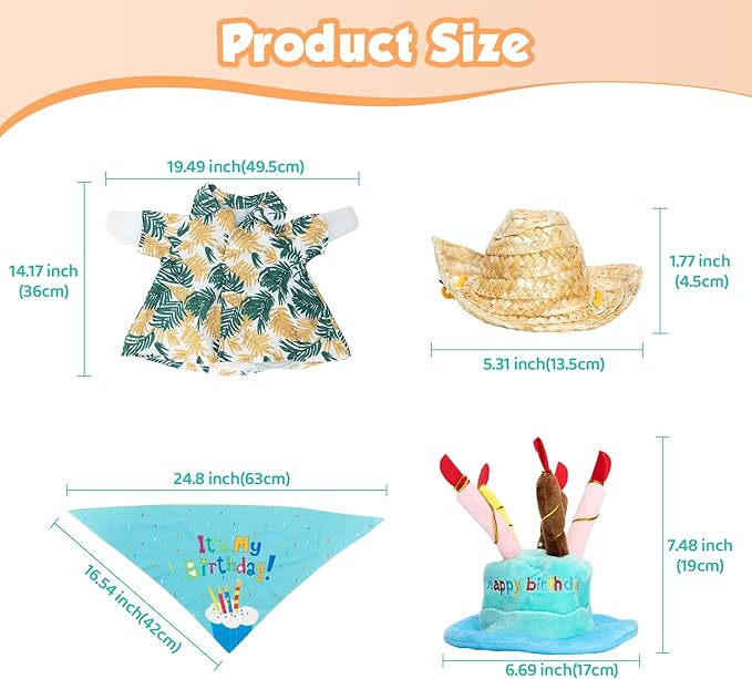 2 Set Porch Goose Outfits Hawaiian Summer Costume with Straw Hat and Glasses and Happy Birthday Outfit with Cake Hat and Bandana for 23" 17" Cement Plastic Goose Duck Lawn Decorations